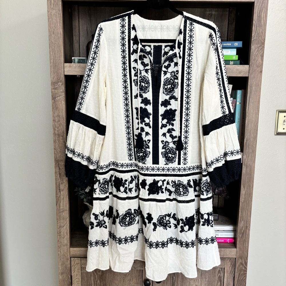Tory Burch Cream and Navy Gabriella Embroidered Dress